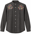 Charcoal Grey Floral Embroidered Mandarin Collar Shirt