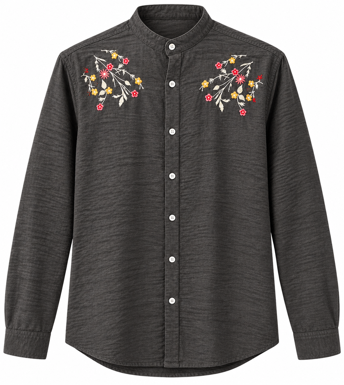 Charcoal Grey Floral Embroidered Mandarin Collar Shirt